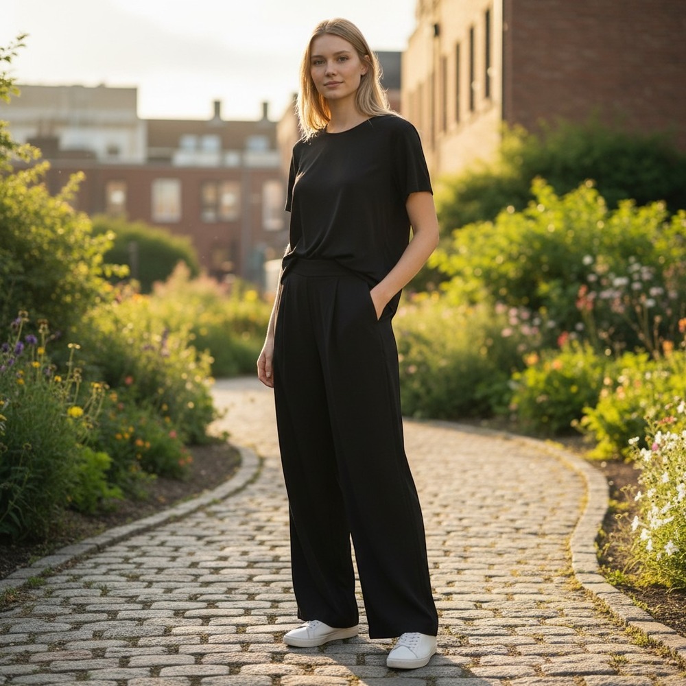 Soft Surroundings Womens Black Wide Leg Trousers Petite Medium Casual Athleisure